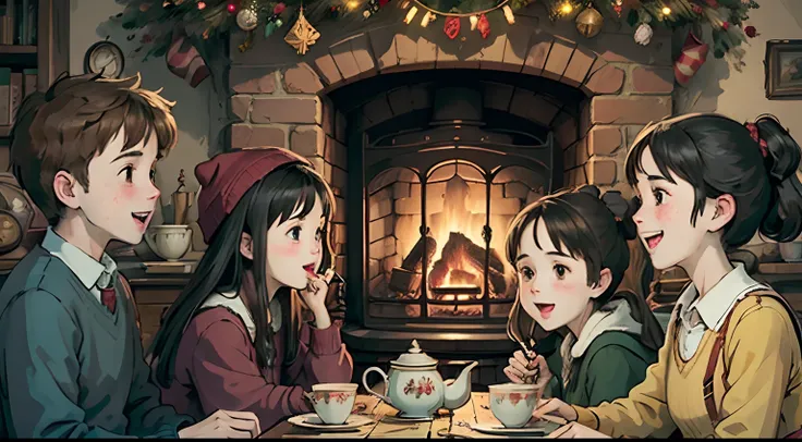 a group of cheerful friends(6-8 teenagers of different genders) in a cosy living room with a fireplace, 
hogwarts, festive tea p...