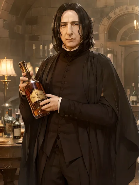 happy severus snape with a bottle of cognac