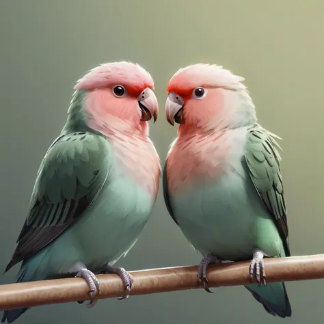 (masterpiece, best quality, highres), two birds that are sitting on a branch together, love birds, adorable digital painting, cute digital art, 3d render, realistic illustration, parrots, inspiring birds eye vista view, photorealistic, detailed art, beauti...