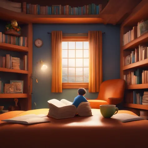 fundo branco, pixar desenhos animados 3D, homem lendo um livro, ::estilo pixar cartoon