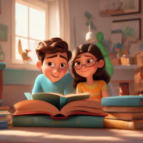 fundo branco, pixar desenhos animados 3D, homem lendo um livro, ::estilo pixar cartoon