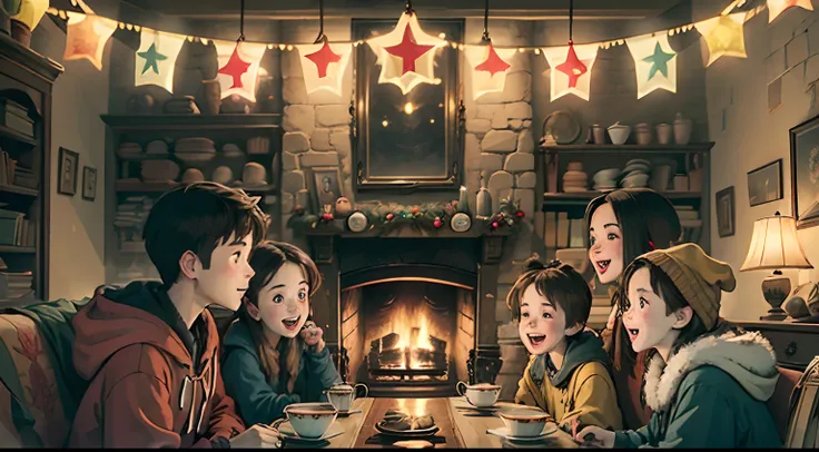 a group of cheerful friends(6-8 teenagers of different genders) in a cosy living room with a fireplace, 
hogwarts, festive tea p...