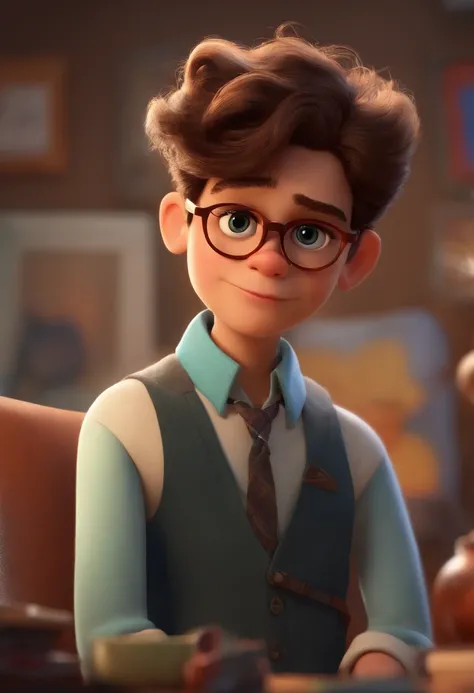 Menino estilo desenho animado, Pixar, cabelo muito curto, Glasses making design on computer