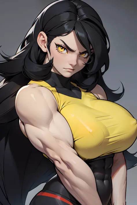 (((muscular girl))) huge breasts grey background black hair very long hair yellow eyes pale skin angry close up