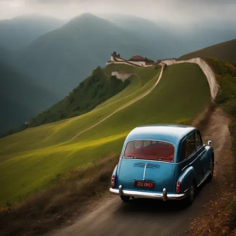 Il y a une voiture sur une colline,(voiture :1.5) Et un vieux couple se tient debout au-dessus et regarde au loin,Masterpiece,Best quality,,Tangguo,outdoor,montagne