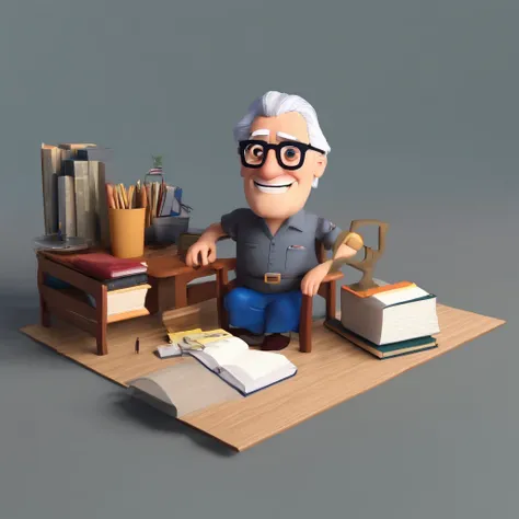 Crie um cartaz inspirado na Disney Pixar com o personagem sendo um homem negro, 50 anos de cabelos baixos, gray-haired men wearing glasses, in an office with a Bible on the table