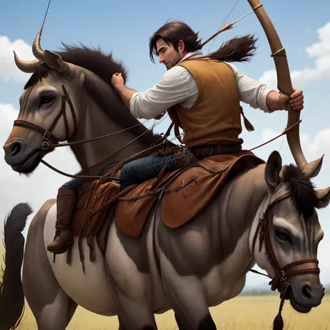 Man riding wildebeest with a bow and arrow