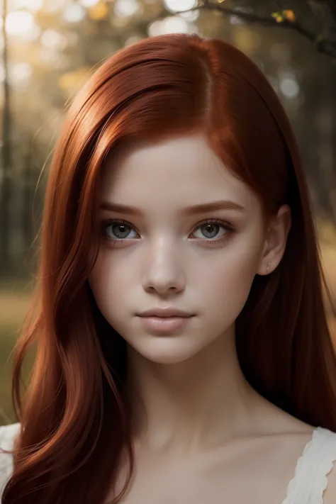 young girl,  redhead,  cinematic, The portrait showcases a young (redhead girl:1.6) with a shy and innocent demeanor,  blueish eyes,  sensual slim face,    big lips,  naked,  BIG TITS and shorts,  Her hair is styled sleek and straight,  elegantly framing h...