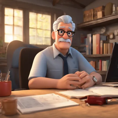 Crie um cartaz inspirado na Disney Pixar com o personagem sendo um homem negro, 50 anos de cabelos baixos, gray-haired men wearing glasses, in an office with a Bible on the table