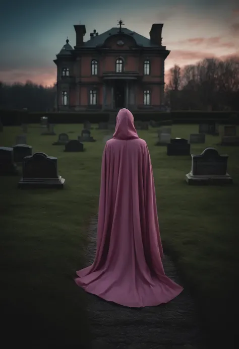 A girl with pink cape and blue hair in front of a spooky roof and a spooky cemetery, spooky mansion, gothic mansion, haunted gothic hotel, arte de fundo, inspirado em Andreas Rocha, casa assombrada ultra detalhada, casa assombrada, sinistro altamente detal...