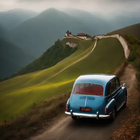 Il y a une voiture sur une colline,(voiture :1.5) Et un vieux couple se tient debout au-dessus et regarde au loin,Masterpiece,Best quality,,Tangguo,outdoor,montagne