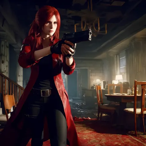 4K, HD, ((Claire Redfield 40 years old)), beautiful face, looking at viewer, very long red hair, perfect Face, black jeans, red long coat with black t-shirt, red nail polish, friendly face, Glare, holding a gun