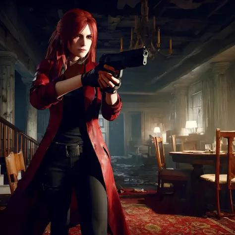 4K, HD, ((Claire Redfield 40 years old)), beautiful face, looking at viewer, very long red hair, perfect Face, black jeans, red long coat with black t-shirt, red nail polish, friendly face, Glare, holding a gun