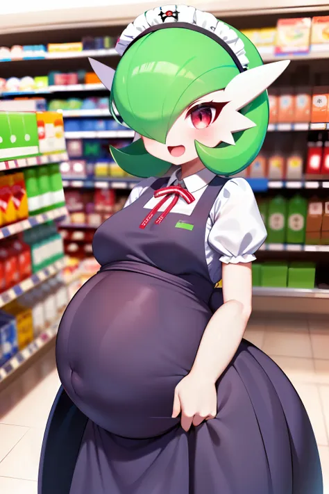 obra maestra, best_quality, 1girl, solo, gardevoir, pokemon (criatura), cabello verde, ojos rojos, vestido de sirvienta, supermarket, de perfil, en un supermarket, vista lateral, sosteniendo una caja, (((embarazada))), gardevoir embarazada, [junto a un car...