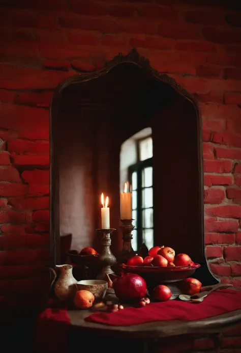 Yalda night, broken red pomegranate, mirror, cashmere table, brick wall,