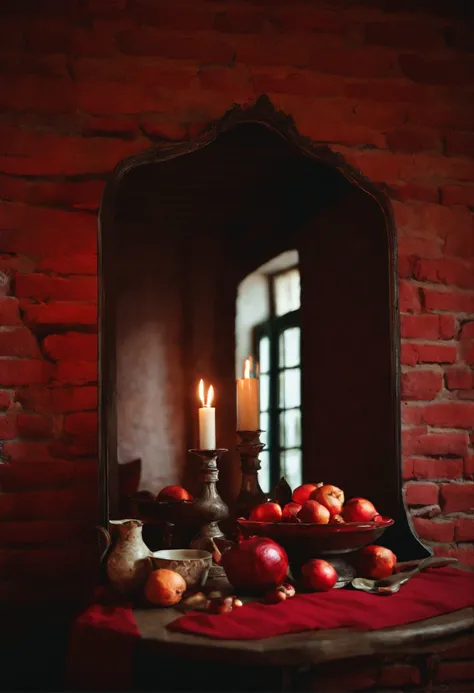 Yalda night, broken red pomegranate, mirror, cashmere table, brick wall,