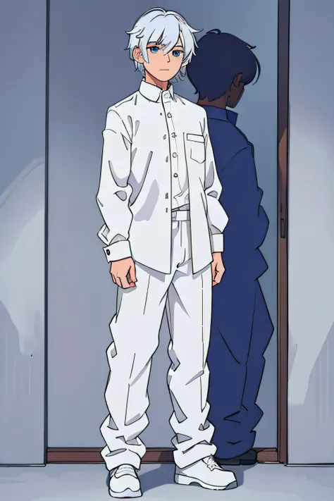 Male gender, in full height, white colored hair, In a shirt, in trousers