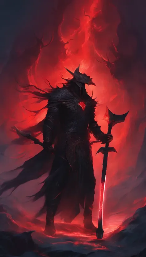 a big legendary black axe with Black light mixed with red,with black mist Black axe with broken red lines, background Hell demon holding axe black demon