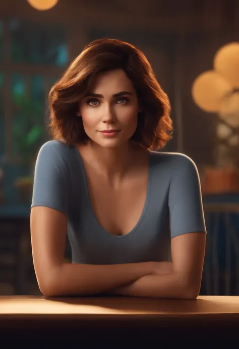 filme Marketing 2023 estilo filmes Pixar, Com nome "N - Marketing", poster, With short, lighter brunette hair and a black t-shirt in front of her crossed arms.