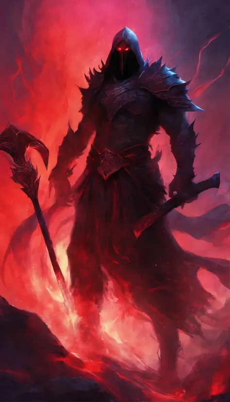 a big legendary black axe with Black light mixed with red,with black mist Black axe with broken red lines, background Hell demon holding axe black demon