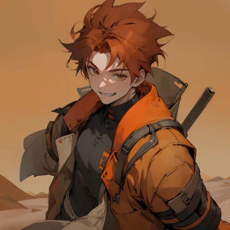 1male , Multicolored Hair , Dark Red and Orange Hair  , smiling expression , combat jacket , young male , desert background