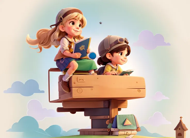 Theres a little girl cackling holding a compass and a giggling boy in an aviator hat sitting in a book with a paper airplane, illustration of childrens books, cute storybook illustration, menino com capacete de aviador, base aviao livros, felizes