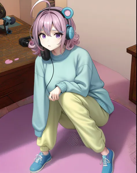 anime girl in a room with a pink carpet and a pink rug, !!full body portrait!!, Blue sweater, pastel yellow baggy pants, blue shoes, cyan headphones, bear headphones, pink hair, short hair, unmade hair, curly hair tips, purple eyes, beautiful eyes, white s...