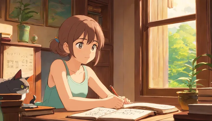 A girl wearing tank top, studyingand listening music with a round-eyed cute cat, close window.