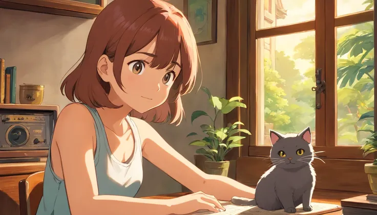 A girl wearing tank top, studyingand listening music with a round-eyed cute cat, close window.