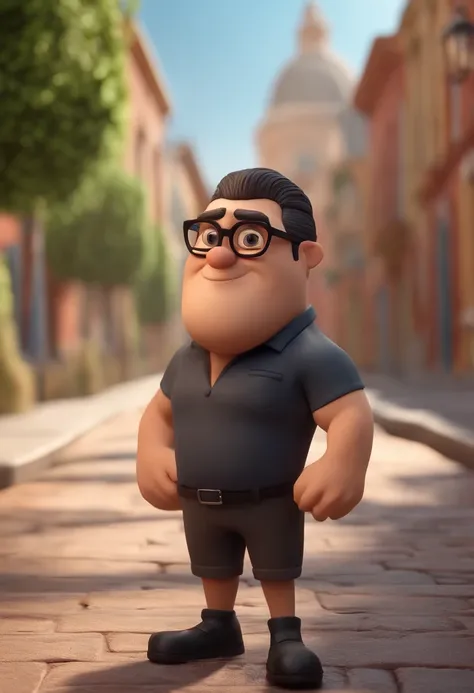 Cartoon character of a man with black glasses and a black polo shirt, cabelo liso, With beard and old school tattoo on his arm, animation character, Caractere estilizado, animation style rendering, 3D estilizado, Arnold Maya render, 3 d render stylized, to...