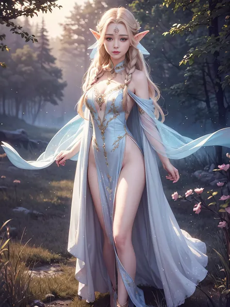 Graceful elven girl standing in meadow, Delicate face illuminated by the soft light of the setting sun. Her long, Flowing hair runs down your back, Decorated with intricate braids、Adorned with sparkling gemstones. This stunning picture is、、It captures the ...