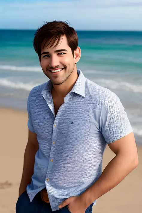 Crie uma imagem estilo pixar de um homem, 33 anos, moreno claro, olhos castanho escuro, cabelo preto, curto, barba baixinha, camisa florida, sorriso discreto, na praia