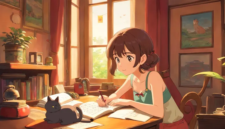 A girl wearing bra, studying and listening music with a round-eyed cute cat, in cozy room close window.