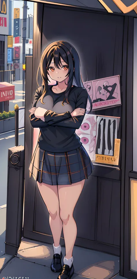 Una chica adulta, de cabello medio largo, black shirt and checkered miniskirt, anime, parada firmemente, cuerpo al frente, pechos grandes, chica adulta, mirando al frente, de brazos cruzados, enojada, pose de brazos cruzados