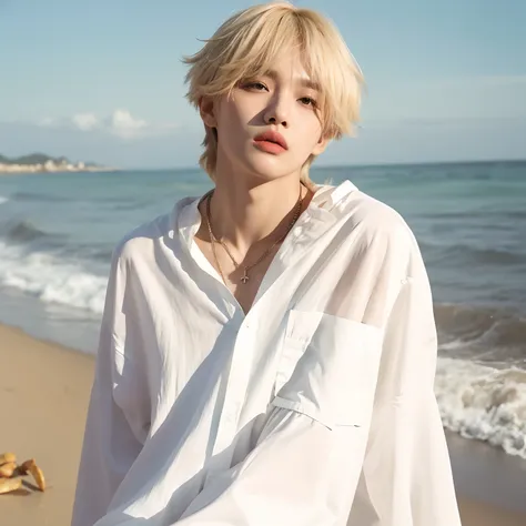 A closeup of a person standing on a beach near the ocean, tomboy cabelo platinado curto, Cai Xukun, Taehyung comendo batatas fritas Gucci, Hyung Tae, Inspirado em Jeonseok Lee, Janice cantou, Ulzzang macho, portrait of kpop idol, Hong June Hyung, Jung Jaeh...