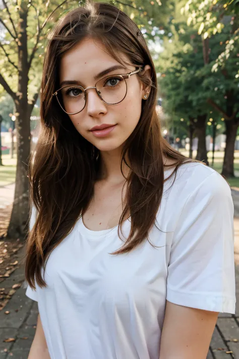 25-year-old white girl with light brown eyes with outlined face, freckles, long eyelashes, pronounced lips, straight hair and glasses in a park