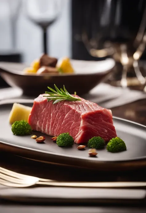 create a close up shot of raw thin slice beef for shabu next to a golden microphone, exuding tempting allure, at 3 Stars MICHELIN restaurant. This gourmet scene showcases clean composition, dramatic soft lighting, and luxurious elegance. The centered compo...