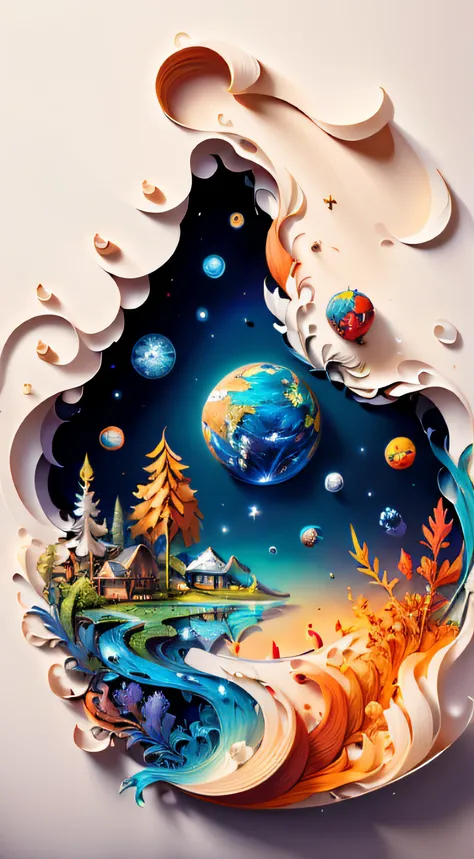 (((masterpiece))),best quality, illustration, earth, water ,fire, wind , space  , paper_cut,