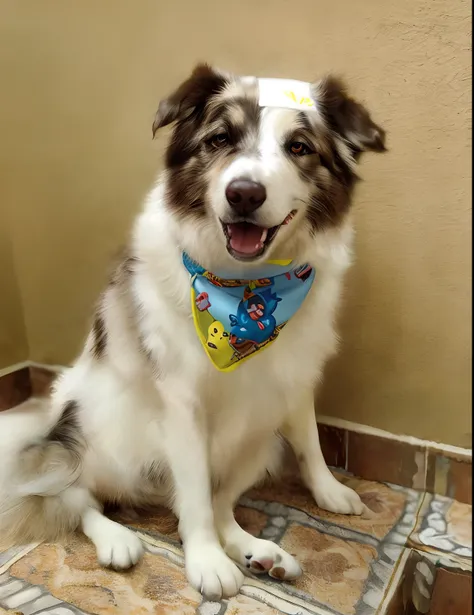 There is a dog that is sitting on the floor with a bandana, bandana, border collie, Directed by: Nandor Soldier, Diego 5, Bandanas, with a happy expression, happily smiling at the camera, peludo bonito precisa de sua ajuda, happy dog, he is very happy, aw,...