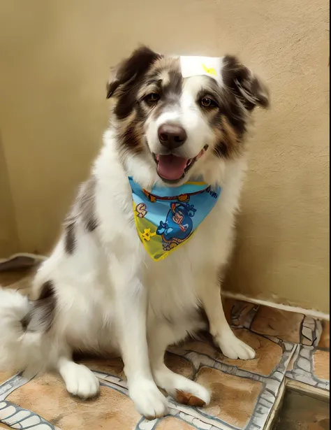 There is a dog that is sitting on the floor with a bandana, bandana, border collie, Directed by: Nandor Soldier, Diego 5, Bandanas, with a happy expression, happily smiling at the camera, peludo bonito precisa de sua ajuda, happy dog, he is very happy, aw,...