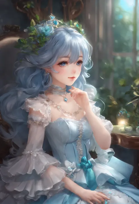 (The artwork), (Amazing work), (Indirect linear lighting), (Chibi Cute Studio), (Cute anime gifs), (Nice Pretty Kawaii), (Highly detailed wallpapers of CG 8k units), (1girl in) Wearing a beautiful dress, Cute ruffled tiara and long blue hair, Wear silk glo...