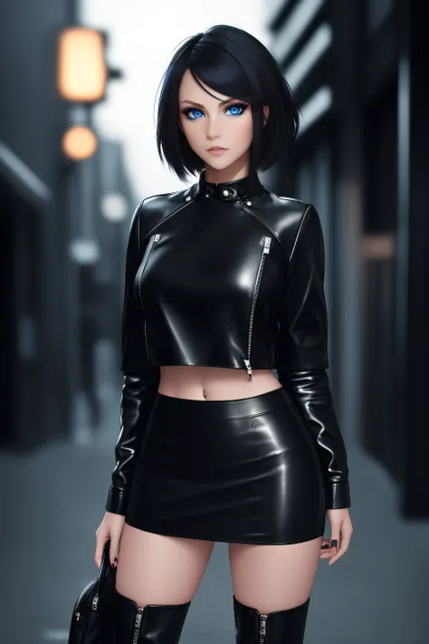 beautiful girl, ((standing:1.4)), (confident gaze:1.1), full body, short bright neon streaked black hair, ((realistic highly detailed eyes:1.4)), ((seductive pose:1.2)), black eyeshadow, (street style wear:1.2), ((short skirt)), ((knee high leather boots))...