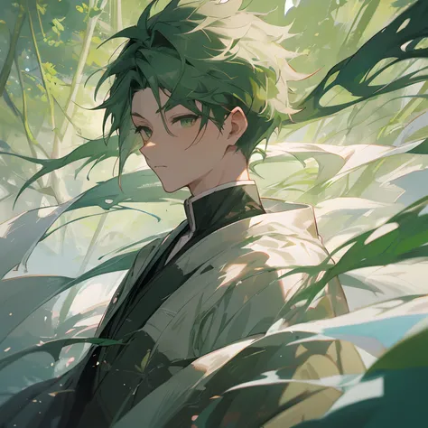 1male , green hair , green haori , undercut hair , messy hair , green eyes , windy forest background , young male