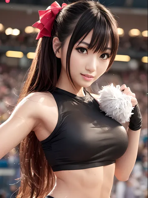 Ala Fed Asian cheerleader holding pom pom in stadium, closeup, closeup, cosplay photo, anime cosplay, small breasts, RAW photo, best quality, high resolution, (masterpiece), (photorealistic:1.4), professional photography, sharp focus, HDR, 8K resolution, i...