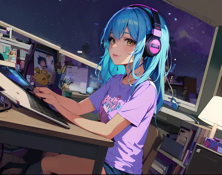 (best quality, ultra-detailed, realistic:1.37), vibrant character portrait of a girl with tanned skin, showcasing beautiful detailed yellow eyes and long cyan hair with purple strikes. The girl is wearing pink headphones, which add a touch of modernity to ...