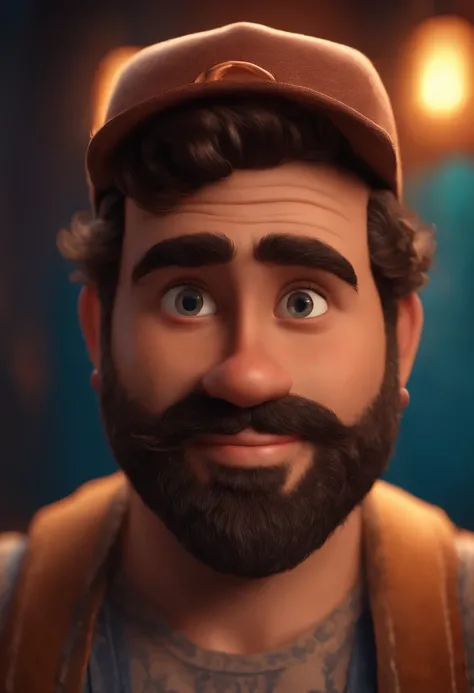 Imagem estilo Pixar com personagen 3d Disney,with a man with a short beard with dirty tattoo on his cap, bonitinho, sorridente ,Close-up, Pixar, Disney, Cinema lighting,