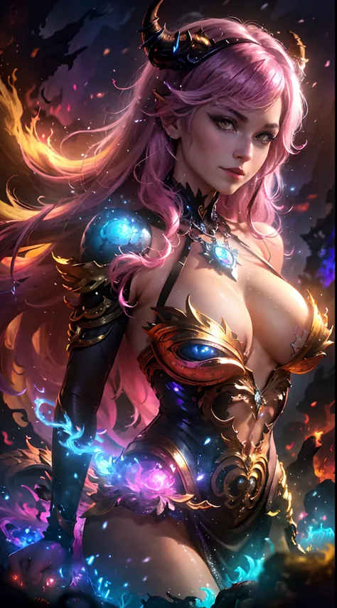 looking at viewer, vibrant gaze, Goddess of Multiverse Monsters, Female, Goddess of Evil, Serena, Devilish Smile, Large Golden Dragon Horns, (Lush Lush Long Hair, Pink Hair, Wavy Fringe, Messy Hair), ((yellow eyes)), Goddess Long Dress, Thin, Big Breasts, ...