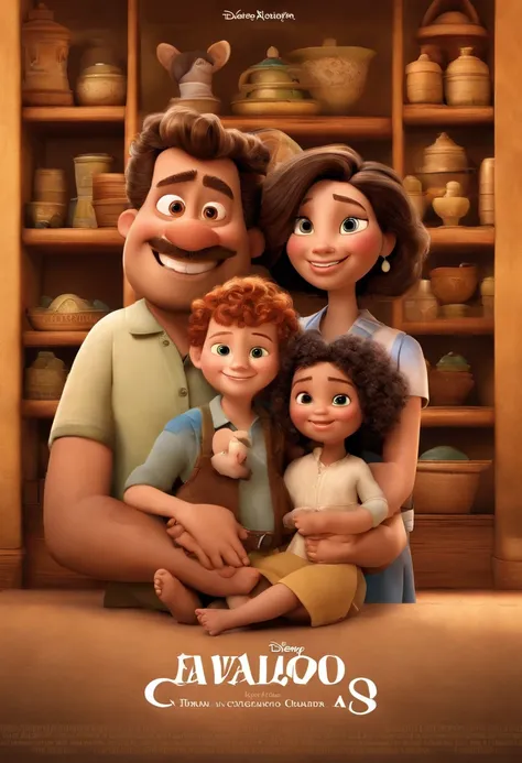 a Disney Pixar movie poster showing a white-skinned family. O pai trm barba curta, moreno, cabelos curtos e espinhosos. The mother has dark brown eyes and hair and is slightly overweight. A menina tem 7 anos e cabelos castanhos escuros, roupa branca e rabo...