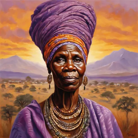 An elderly African woman stands amidst the rolling hills of the African savannah of the orishas, Sua figura marcante vestida com uma roupa roxa fluida e ornamentada, with silver and sparkling jewels, That moves softly in the sunset breeze. The intricate pa...