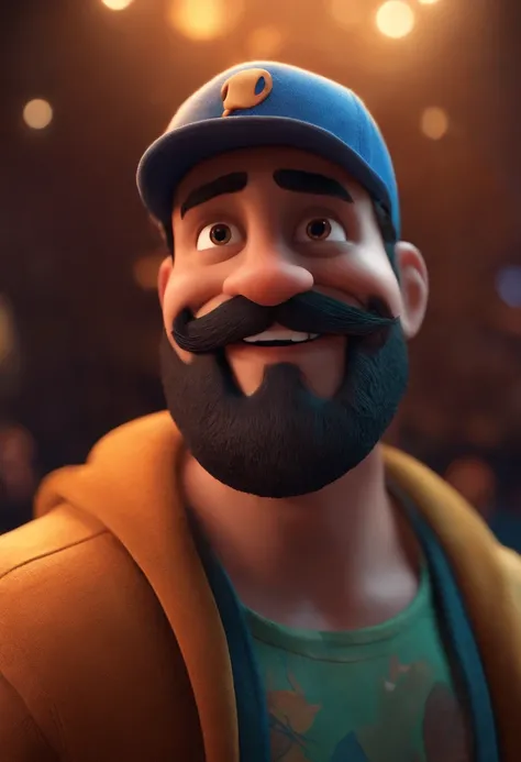 Imagem estilo Pixar com personagen 3d Disney,with a bearded man with a big short nose with dirty cap tattoo, bonitinho, sorridente ,Close-up, Pixar, Disney, Cinema lighting,